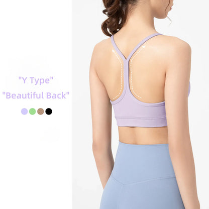 Solid Color Gym Yoga Underwear Women Y Shape Fitness Sport Bra High Strength Tight Top Comprehensive Training with Chest Pad👚👚